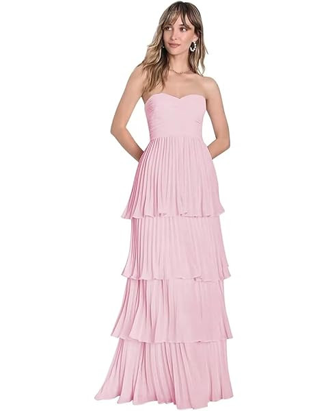Strapless Ruffle Prom Dresses for Women Long Flowy Tiered Chiffon Formal Evening Gowns | Amazon (US)