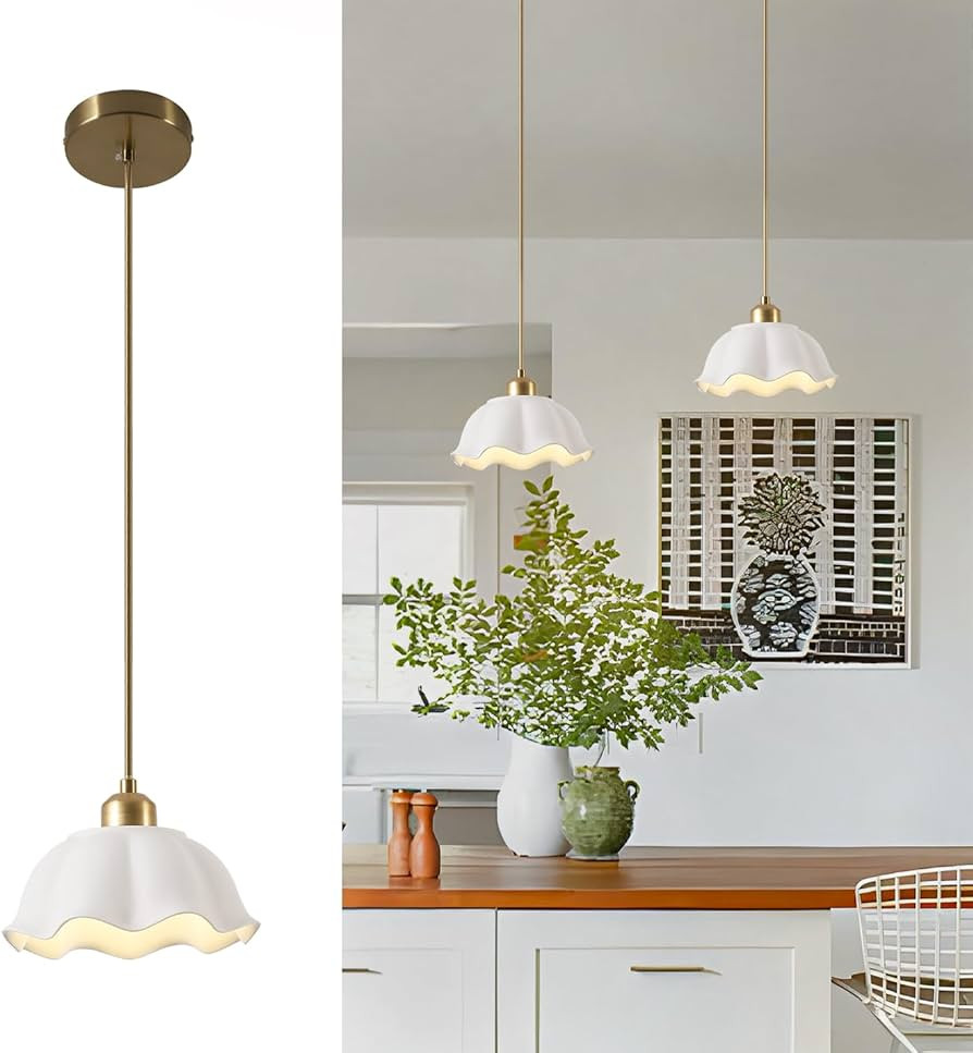 Ceramic Pendant Light Nordic Vintage Mid Century Modern Hanging Lamp White Wave Ceramic Shade Bra... | Amazon (US)