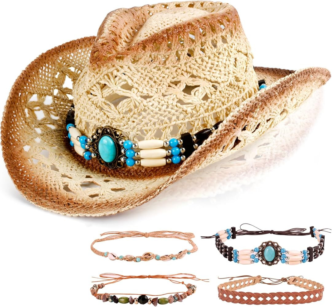 Straw Cowgirl Hat for Women, Foldable Western Beach Cowboy Hat with Interchangeable Bands, Breath... | Amazon (US)