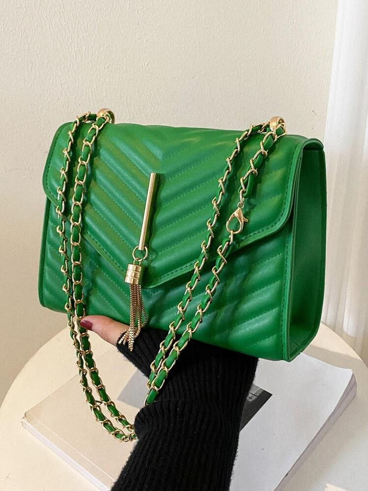 Metal V Decor Square Shoulder Bag, Quilted Chain Flap Evening Bag With Detachable Chain, New PU Leather Solid Color Handbag & Purse, Lightweight Messenger Bag Office Commuter Shopping Bag, Casual Phone Coin Crossbody Bags | SHEIN