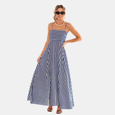 Cupshe Women‘s Striped Spaghetti Strap Maxi Tiered Dress-L-Blue | Target