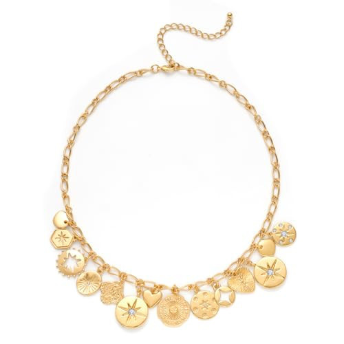 LILIE&WHITE Gold Necklaces For Women With Fourteen Gold Charm Sun Heart Coin Charms Necklace Link Compass Choker Necklace Jewelry Gift | Amazon (US)