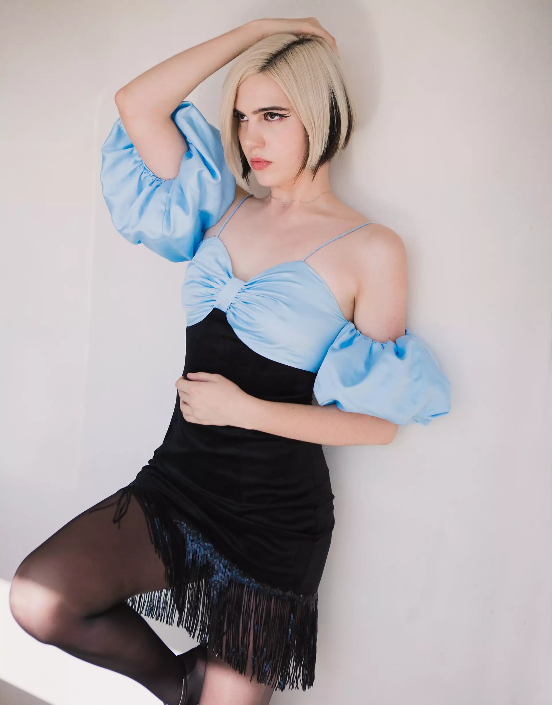 Labelrail x Julia Cumming puff sleeve fringe detail mini dress in black and blue | ASOS (Global)