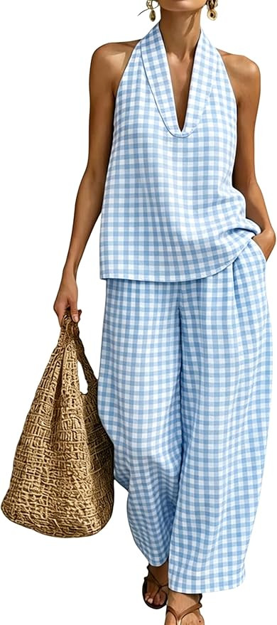 Women's 2 Piece Set Outfits Plaid Tank Tops High Waist Wide Leg Pants Gingham Matching Lounge Set... | Amazon (US)