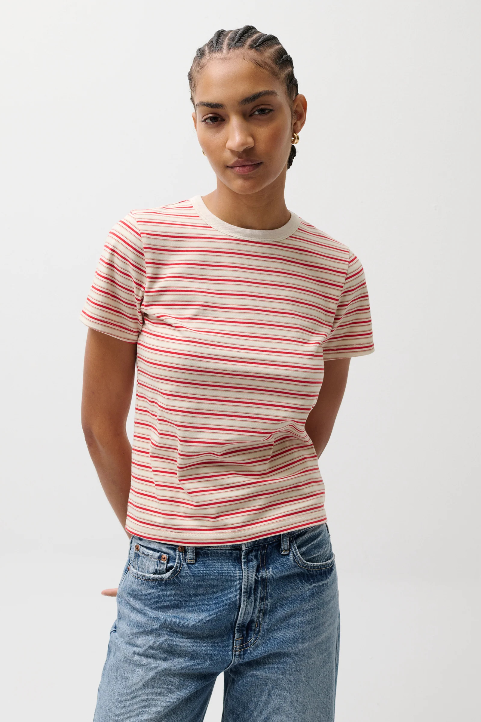 Alba Shrunken Tee - White Red Stripe | Pistola Denim