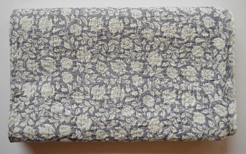 Beautiful Grey Leafy Print Kantha Quilt  Bedding Blanket | Etsy | Etsy (US)
