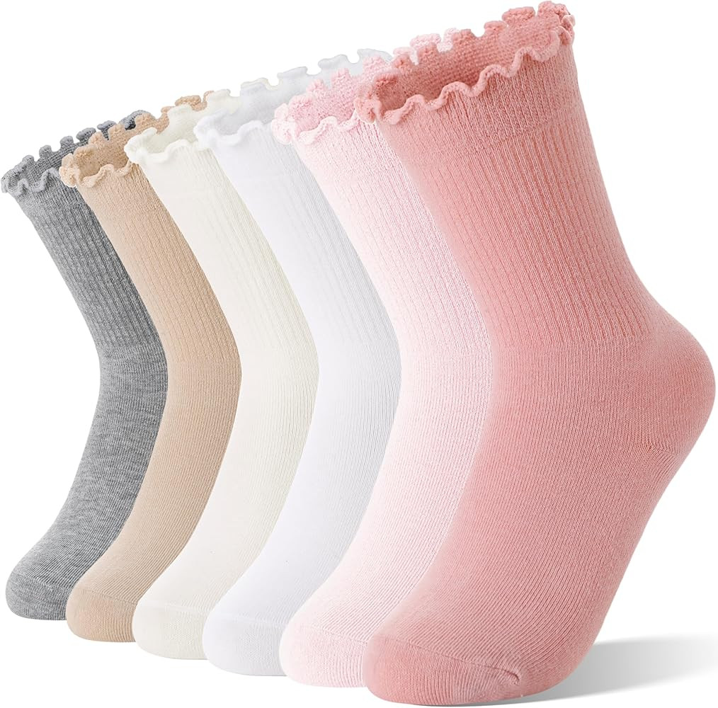 Girls Kids Ruffle Socks Uniform School Dress Frilly Cotton Crew Socks 6 Pairs | Amazon (US)