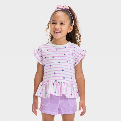 Toddler Girls' Ribbed Top - Cat & Jack™ Purple 18M: Cotton Blend, Recycled Polyester, Spandex, Ruffle Sleeve, Peplum Style | Target