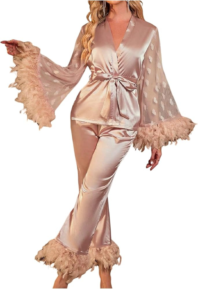 OYOANGLE Women's 2 Piece Pajama Set Satin Contrast Mesh Feather Trim Silk Long Sleeve Belted Top ... | Amazon (US)
