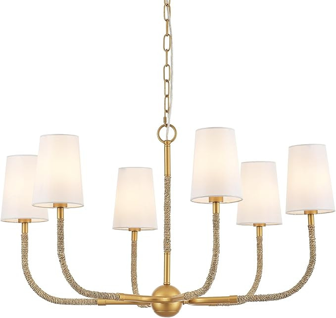 34" Boho Chandelier, with Creamy-White Fabric and Natural Rattan Arched Arms Shade Antique Brass ... | Amazon (US)