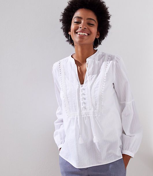 LOFT Tasseled Tie Neck Bib Blouse | LOFT