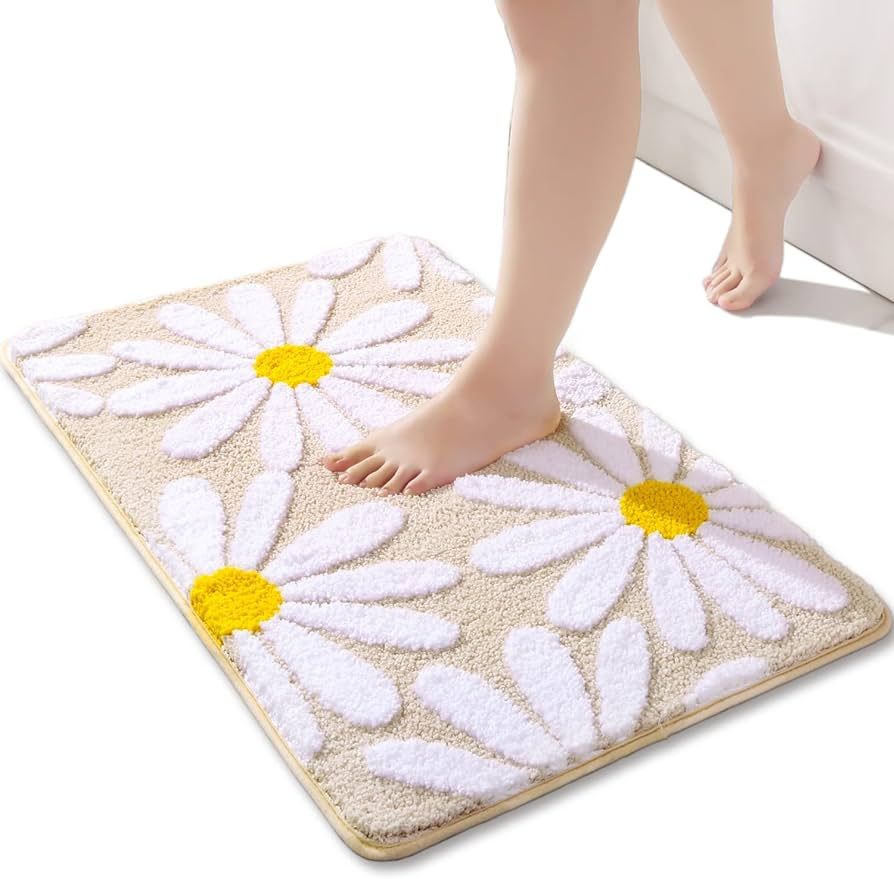 Beige Bathroom Rugs Cute Daisy Bath Mat White and Yellow Flower Decor Rug Non Slip Floor Carpet M... | Amazon (US)
