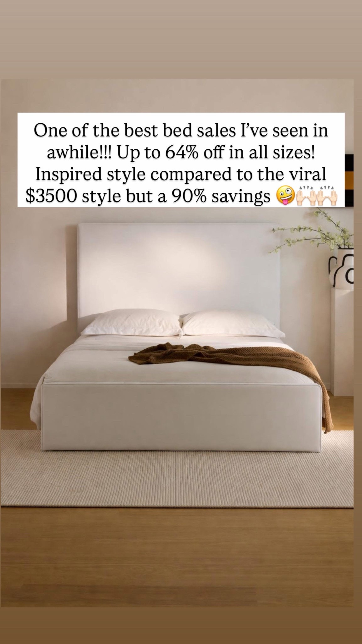 One of the best bed sales I’ve seen in awhile!!! Up to 64% off in all sizes! Inspired style compared to the viral $3500 style but a 90% savings 🤪🙌🏻🙌🏻