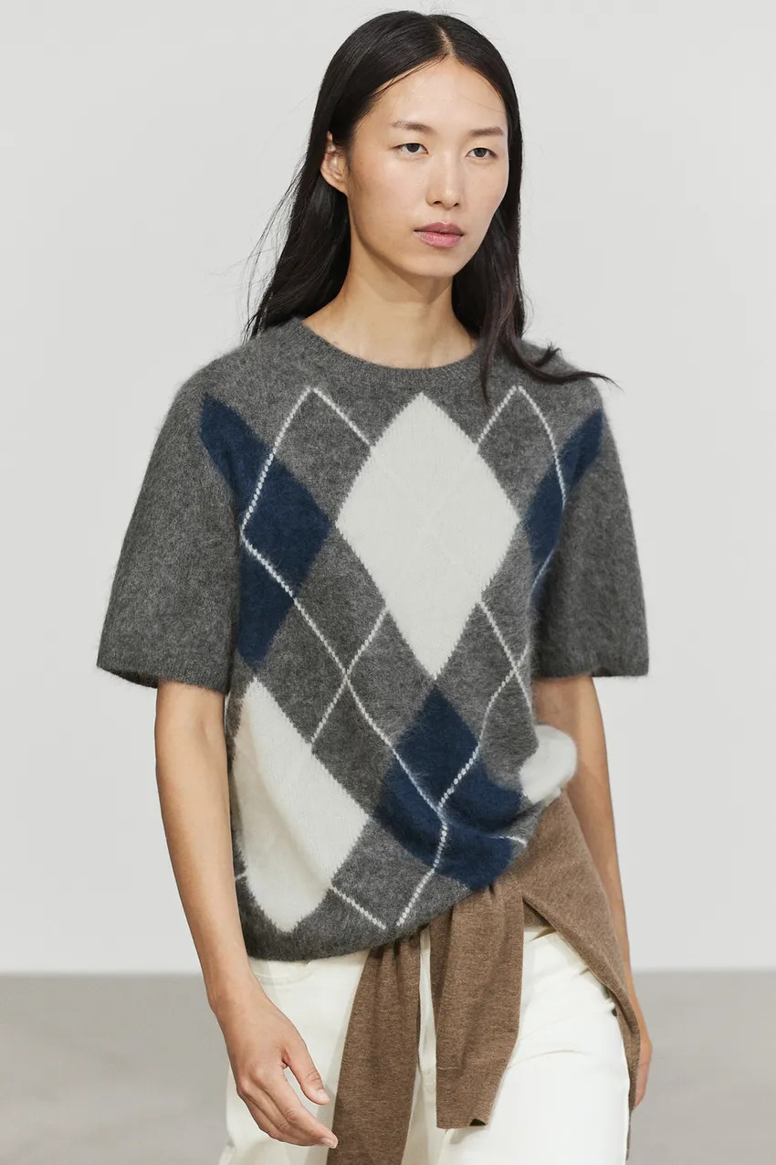 Wool cashmere argyle short sleeve knit sweater - GREY | Massimo Dutti US