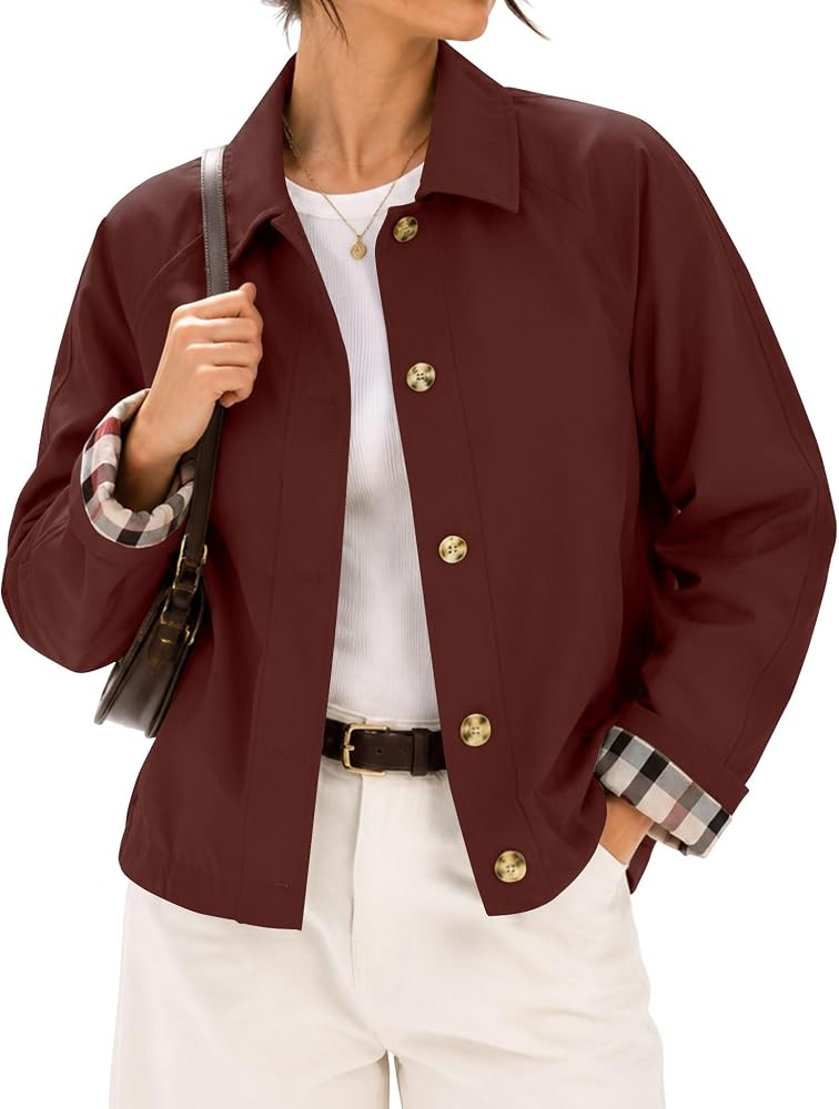 LOMON Womens Short Trench Jacket Plaid Lining Button Front Lightweight Classic Casual Outerwear w... | Amazon (US)