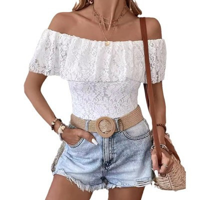 Lace Short Sleeve Tops for Women Off the Shoulder Ruffle Tops Flower Sheer Short Sleeve Going Out Tops,White,Large | Target