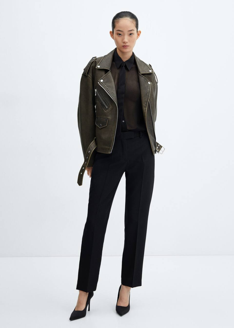 Oversized worn-effect biker jacket -  Women | Mango USA | MANGO (US)