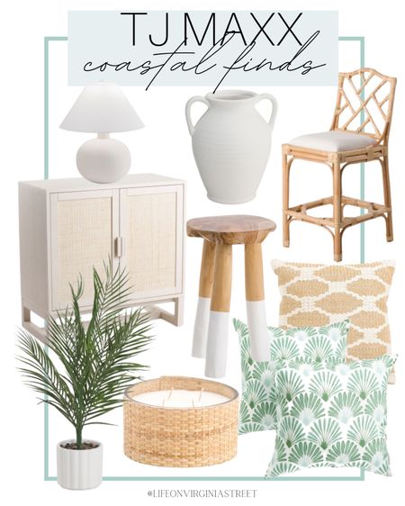 Tj maxx coastal finds roundup! So many cute coastal items including a this rattan barstool, white vase, white table lamp, faux palm plant, rattan wrapped candle, stool with white dipped legs, throw pillows, and cane cabinet.

coastal home, coastal style, coastal living, coastal finds, tj maxx, tj maxx furniture, tj maxx home decor, tj maxx candle, tj maxx lamp, kitchen decor, beach house decor, entry way decor

#LTKSeasonal #LTKhome #LTKstyletip