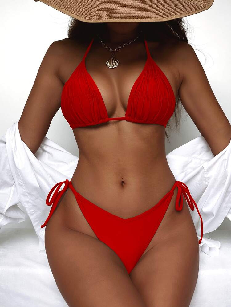 Ruched Halter Tie Side Bikini Swimsuit | SHEIN