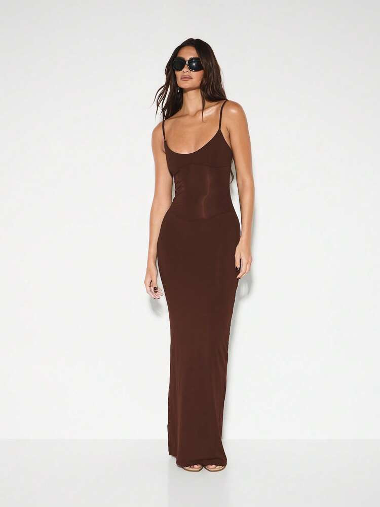 KIZN Bodycon Mesh Panel Maxi Dress With Adjustable Spaghetti Straps And Sheer Details For Evening | SHEIN