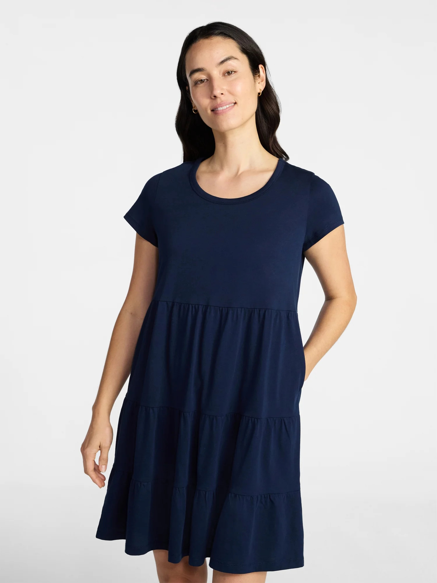 Time and Tru Women's Tiered Cotton Mini Dress with Short Sleeves, Sizes XS-XXXL | Walmart (US)