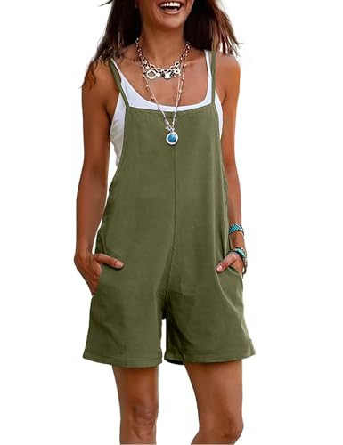 YESNO Women Summer Casual Loose Rompers Sleeveless Boho Floral Spaghetti Straps Shorts Overalls Jumpsuit with Pockets L PH2 Solid Army Green | Amazon (US)