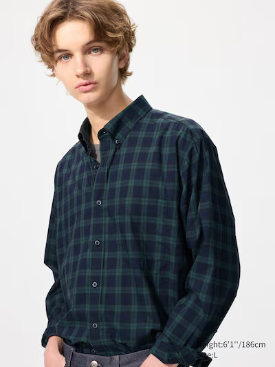 Extra-fine cotton shirt (Button-down collar, Check pattern)Color: 59 DARK GREENSize: Men's MXSSML... | Uniqlo FR