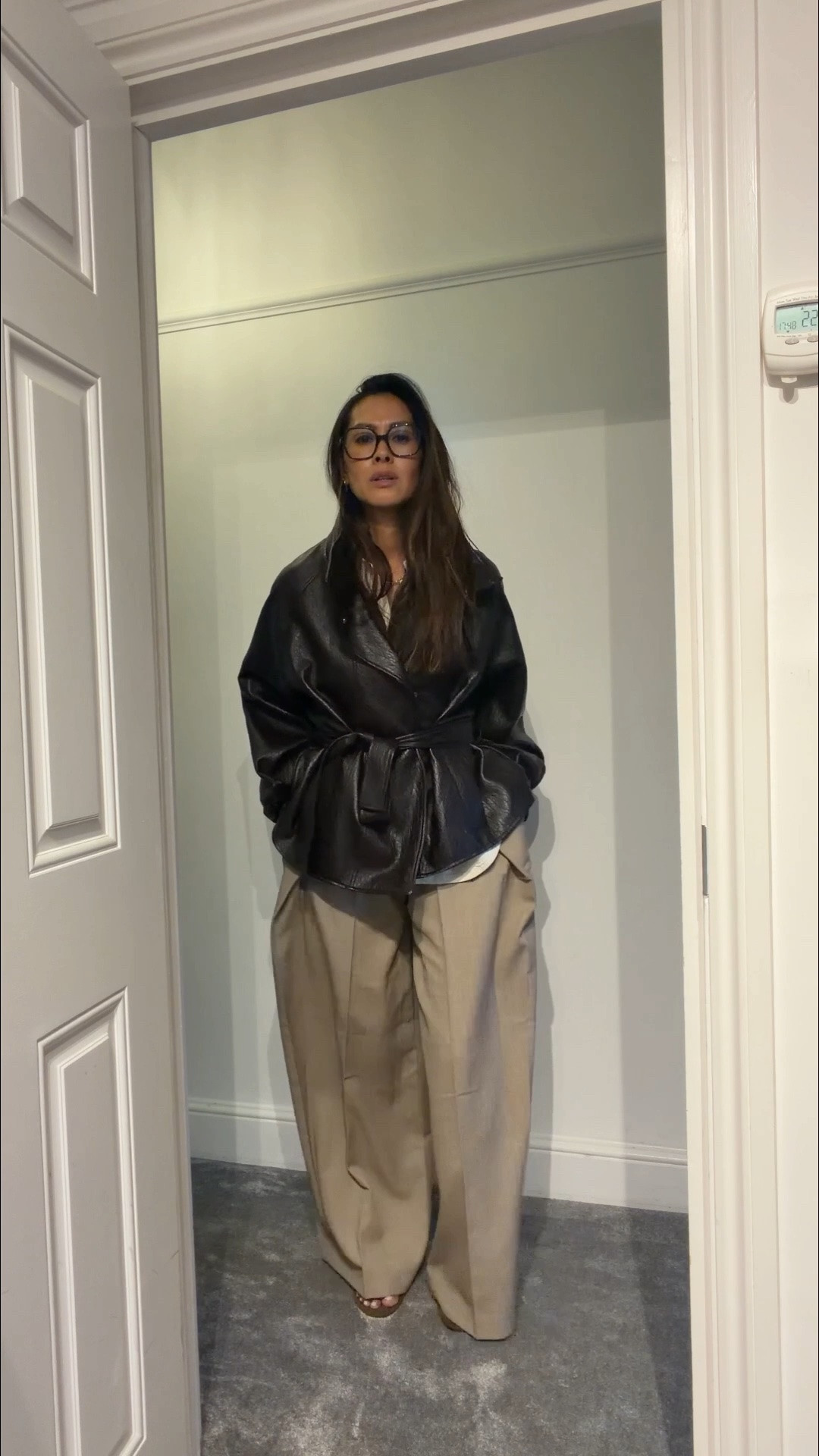 Outfit check for work. 
Wrap detail trousers size 8
Linen blend frog fastening shirt size M
Chanel glasses 3489-Q 
Faux leather jacket size small
Kitten heels TTS 
Beaverbrooks jewels use my code DEBBIE10 for 10% off

#LTKFashionMonth #LTKuk #LTKautumn