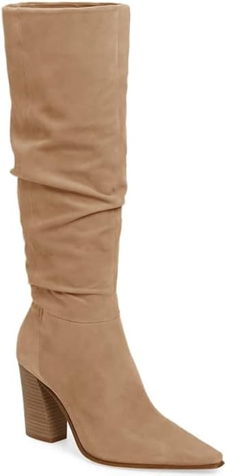 PiePieBuy Womens Faux Suede Knee High Boots Pointed Toe High Chunky Heel Side Zipper Booties | Amazon (US)