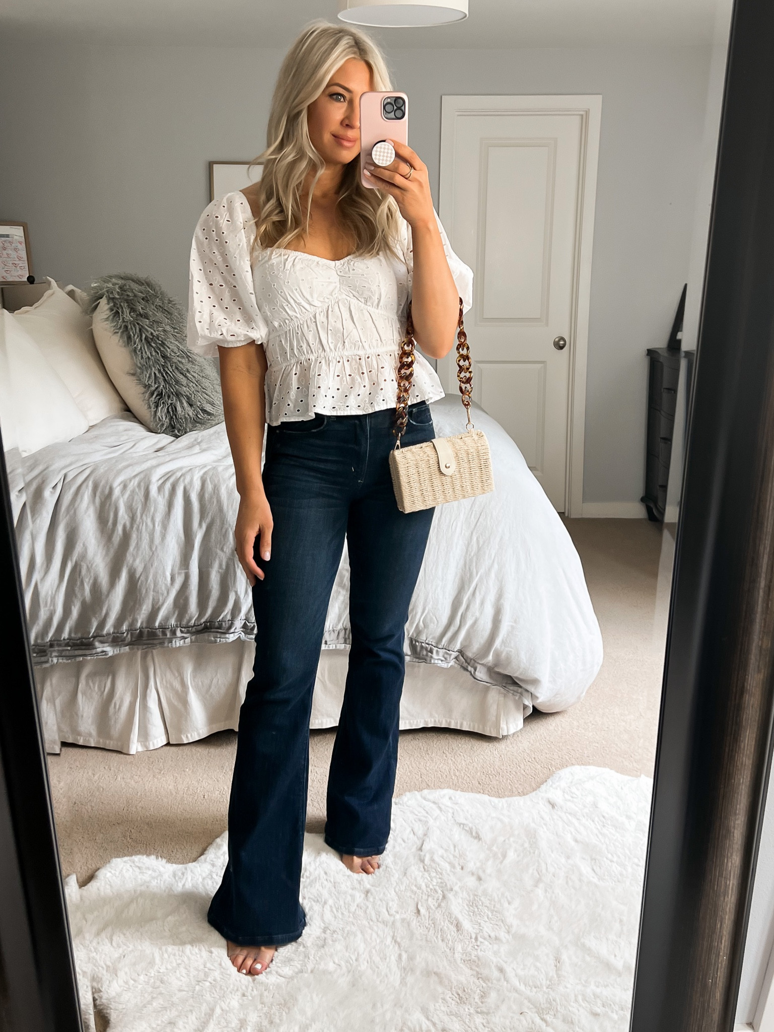 Eyelet shirt 
Flare jeans 
Easter outfit 


#LTKstyletip #LTKunder50