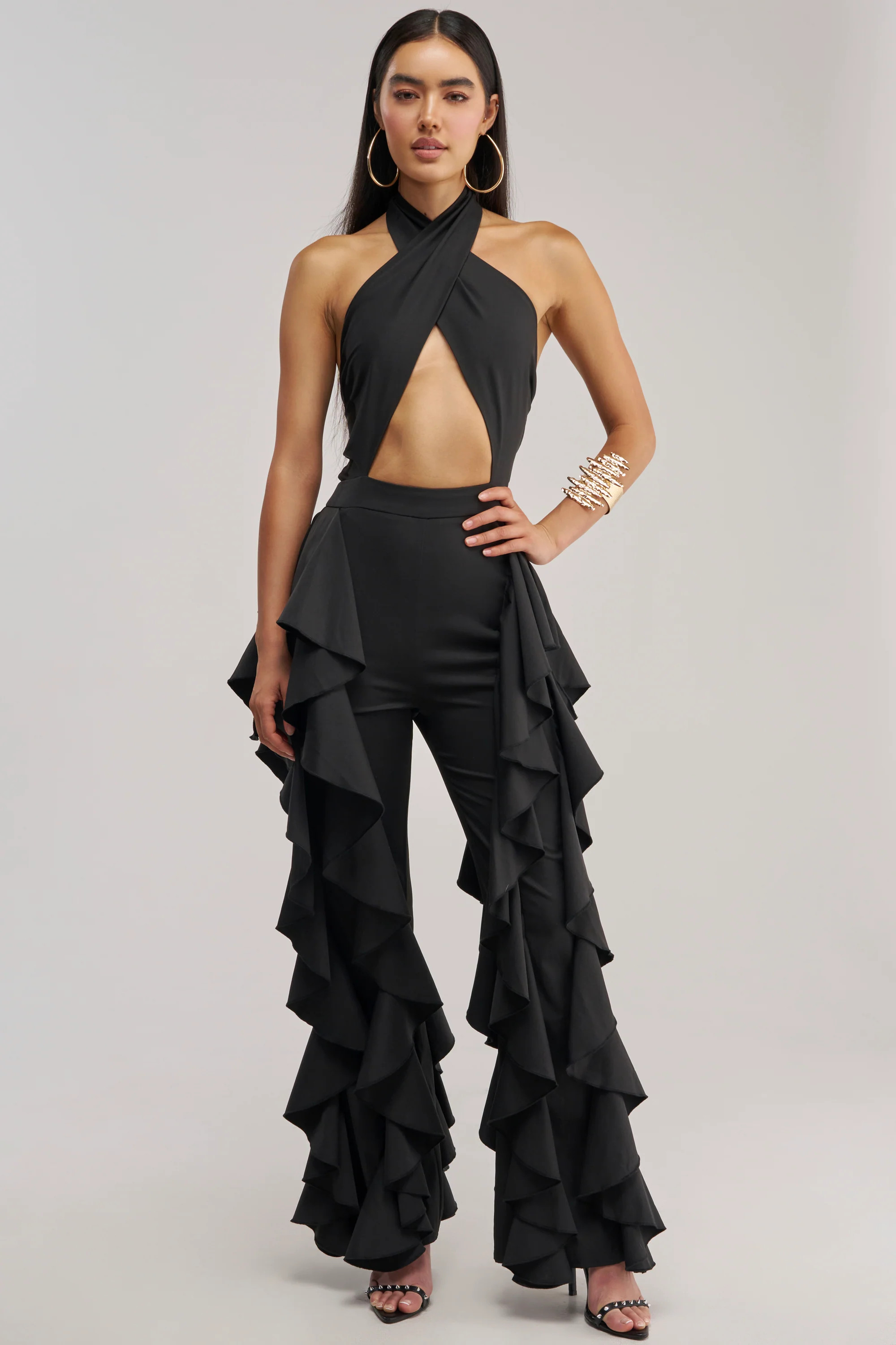 Black Ruffle Halter Jumpsuit, Flare Leg | AKIRA | AKIRA