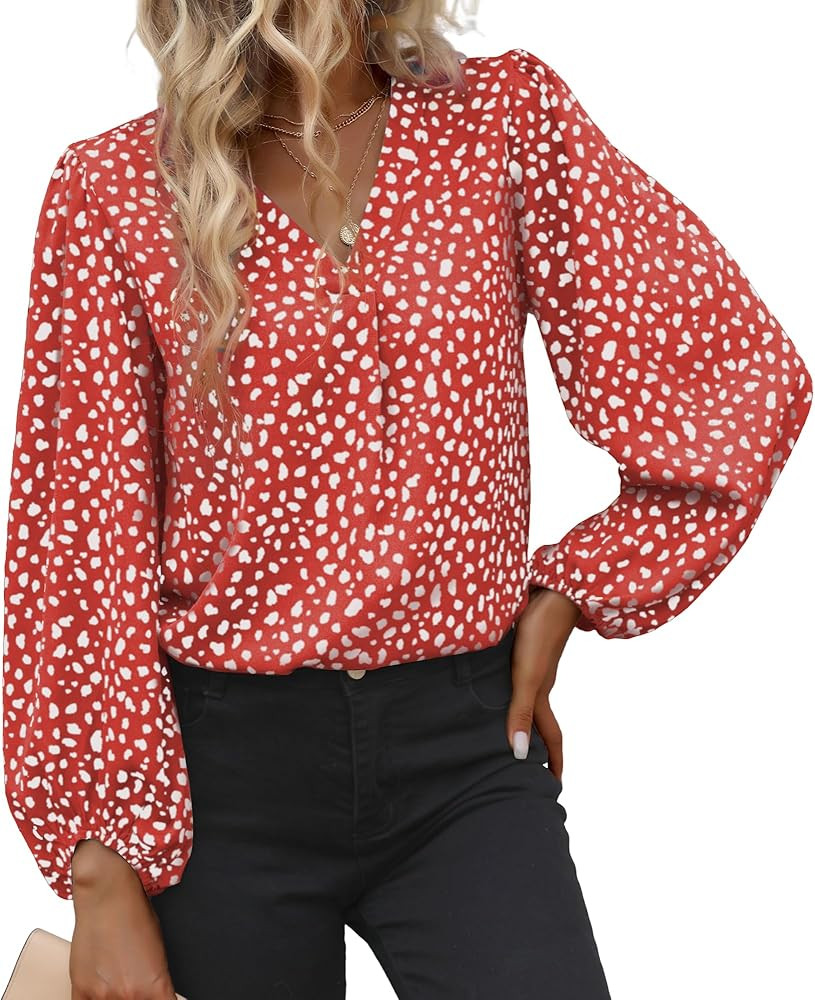 Long Sleeve Blouses for Women, Leopard Print Chiffon Tops V Neck Loose Business Shirts Casual Wor... | Amazon (US)