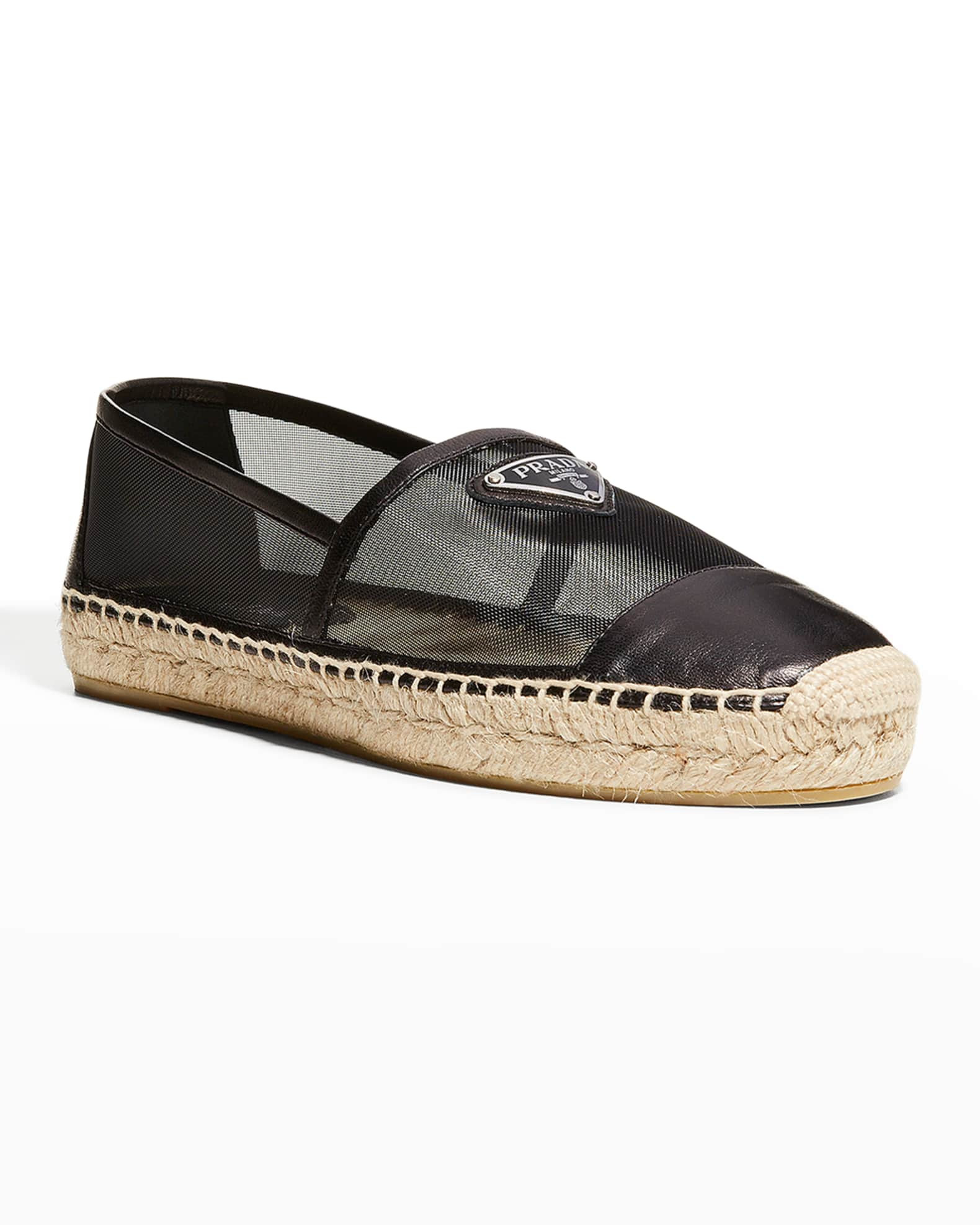 Prada Mesh Leather Logo Loafer Espadrilles | Neiman Marcus