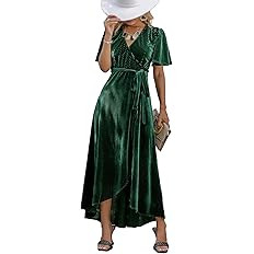 BerryGo Women's Velvet V Neck Wrap Semi Formal Dress Cocktail Party Maxi Dress for Wedding Guest | Amazon (US)