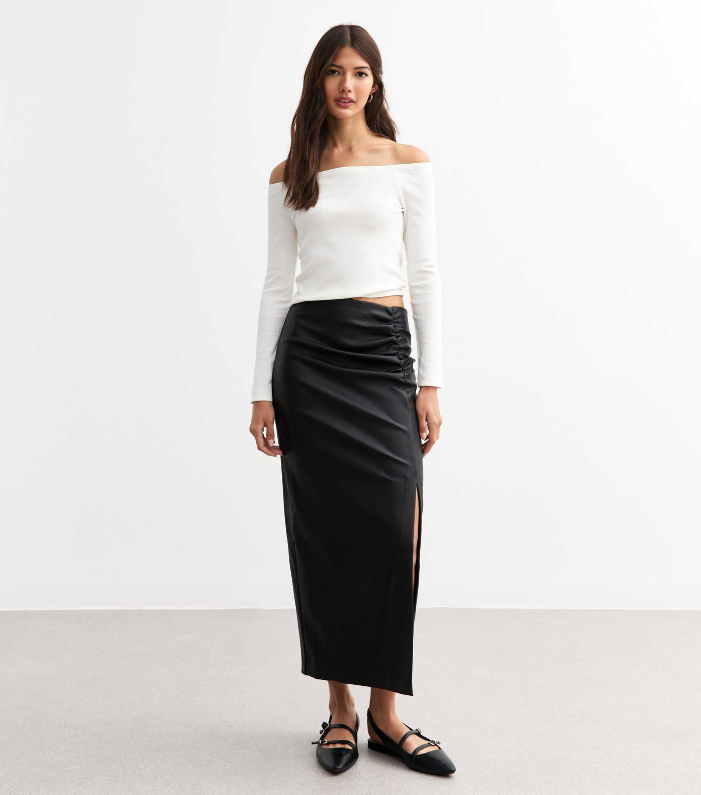 Black Ruched Leather-Look Midi Skirt
						
						Add to Saved Items
						Remove from Saved Item... | New Look (UK)