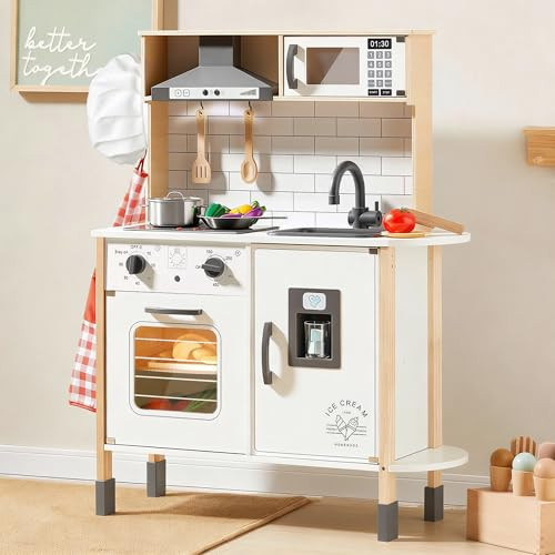 Tiny Land Play Kitchen for Kids, Wooden Kids Play Kitchen Playset Chef Pretend Play Set for Toddlers with Real Lights & Sounds, Toys Kitchen with 18 Pcs Toy Food & Cookware Accessories | Amazon (US)