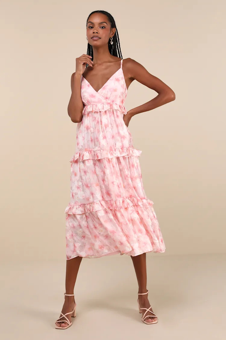 Radiantly Adorable Pink Floral Sleeveless Tiered Midi Dress | Lulus
