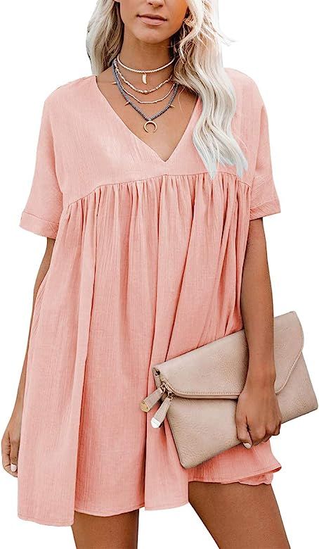 Women's Short Sleeve V Neck Pleated Loose Babydoll Solid Color Tunic Mini Dress | Amazon (US)