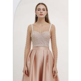 Full Pearl Embellished Sheer Mesh Top in Tan | Chicwish