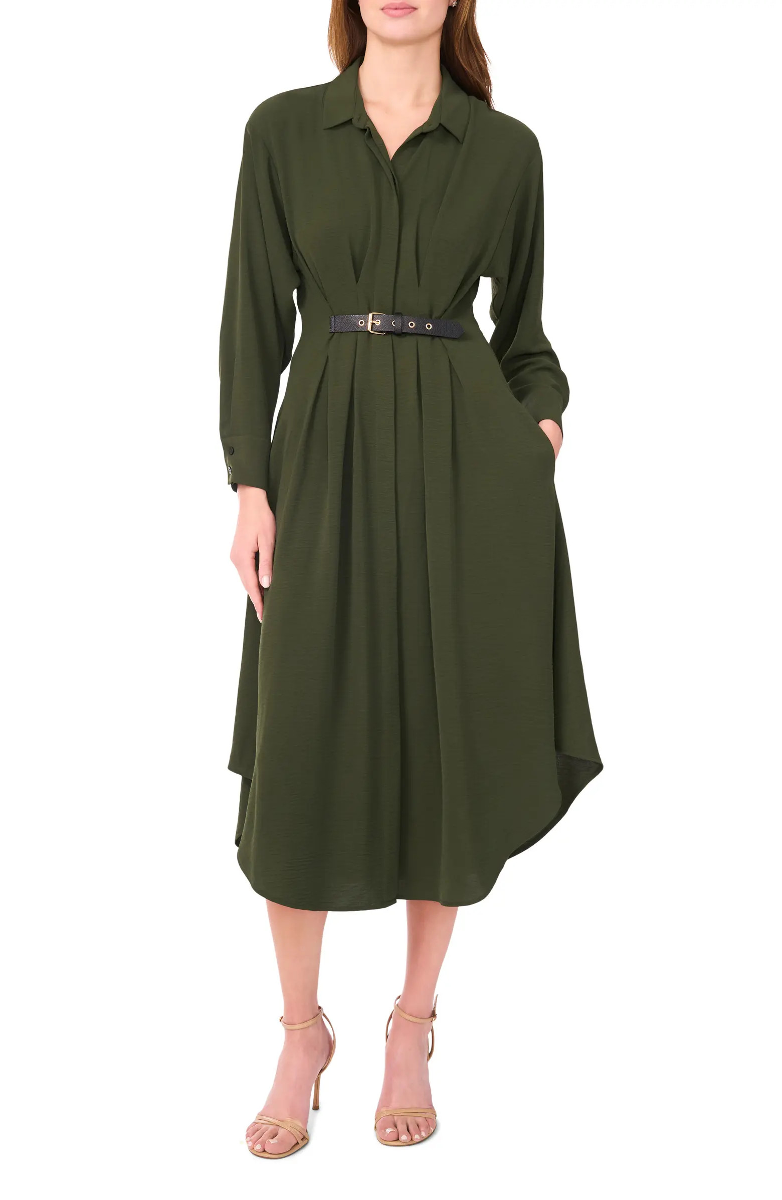 Pleated Long Sleeve Belted Waist Midi Shirtdress | Nordstrom