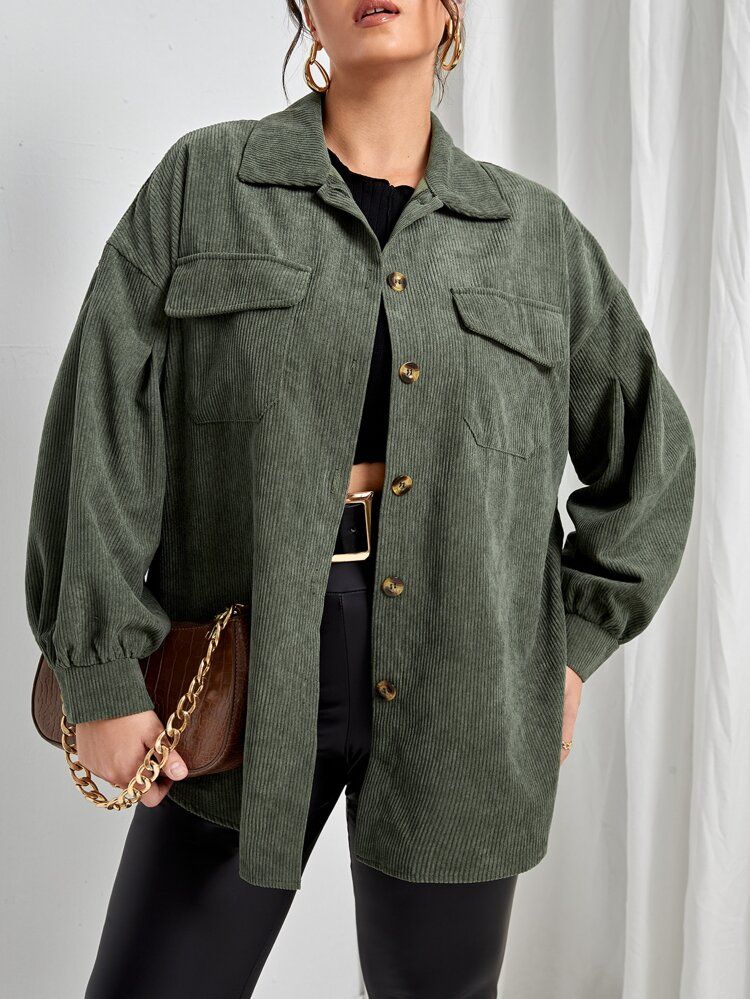 Plus Drop Shoulder Flap Pocket Corduroy Coat | SHEIN