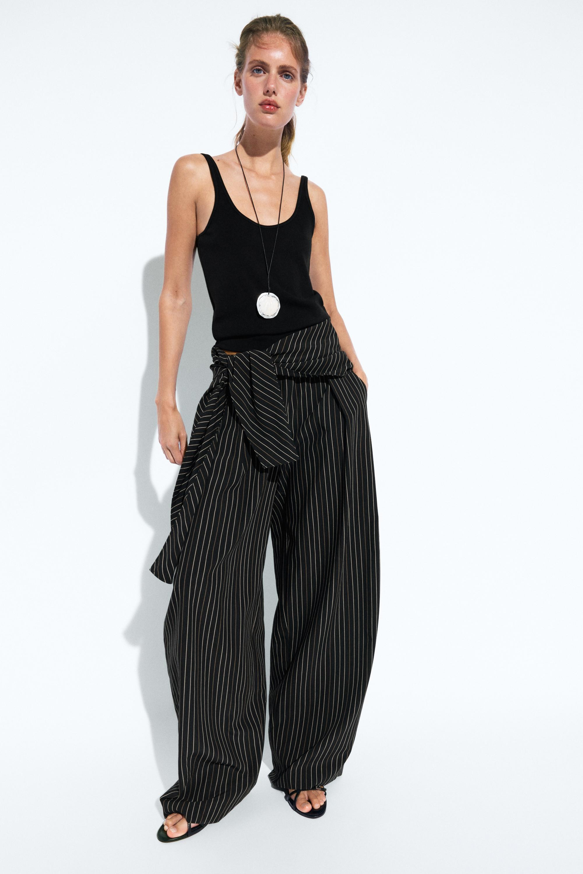 Striped barrel fit pants with scarf detail | Massimo Dutti UK
