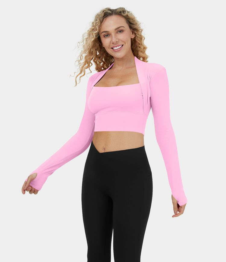 Cloudful™ Fabric Long Sleeve Thumb Hole 2-in-1 Cropped Yoga Sports Top | HALARA