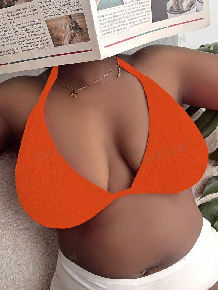 SHEIN Swim Curve Plus Size Solid Color Backless Halter Neck Bikini Top | SHEIN USA | SHEIN