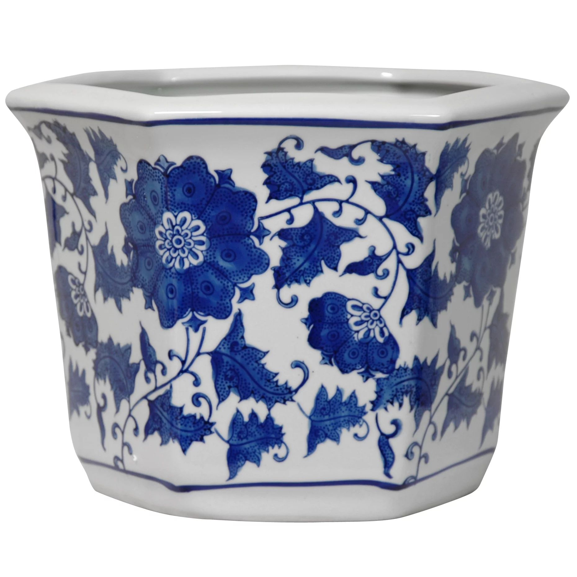 Oriental Furniture 10" Floral Blue & White Porcelain Flower Pot | Walmart (US)