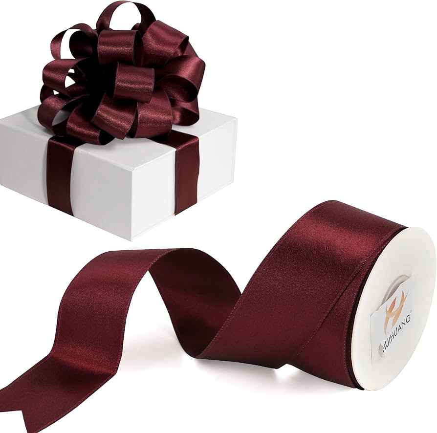 HUIHUANG Burgundy Satin Wired Ribbon 1-1/2 inch Wine Red Wire Edge Ribbon for Wreaths, Bows Makin... | Amazon (US)