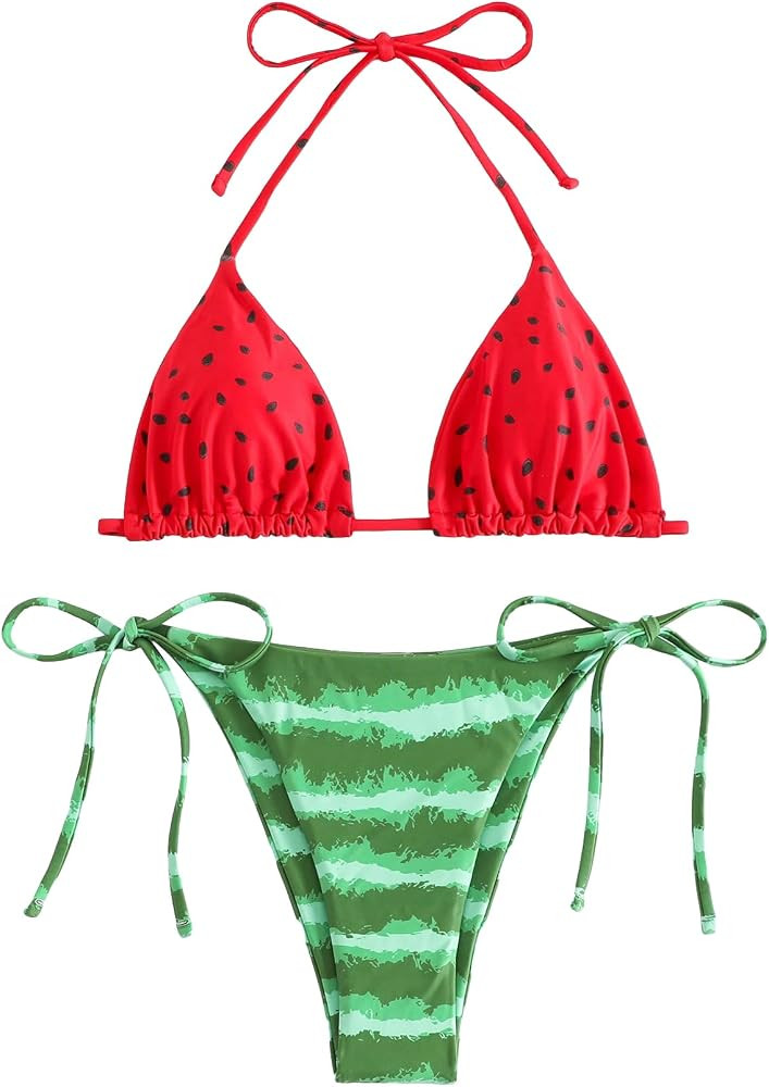Verdusa Women's Watermelon Print Halter Top Tie Knot Side Bikni Bottom Bikini Sets Swimwears | Amazon (US)