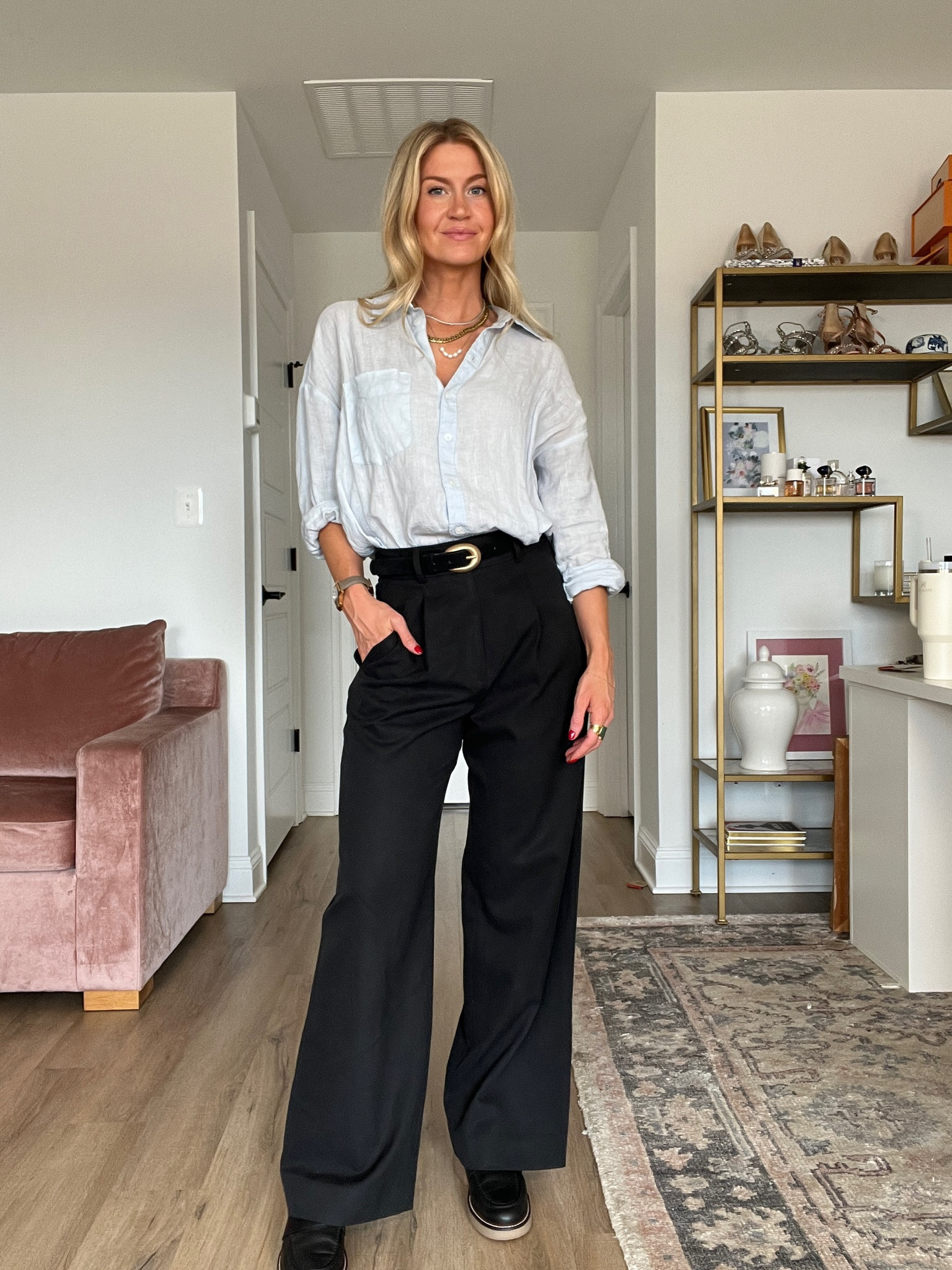 Light blue oversized button down, black trousers, loafers 

#LTKstyletip #LTKshoecrush