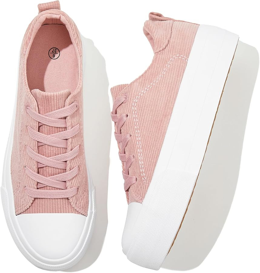 Adokoo Women's Platform Sneakers Corduroy White Sneakers Shoes for Women Black Low Top Lace Up Ca... | Amazon (US)