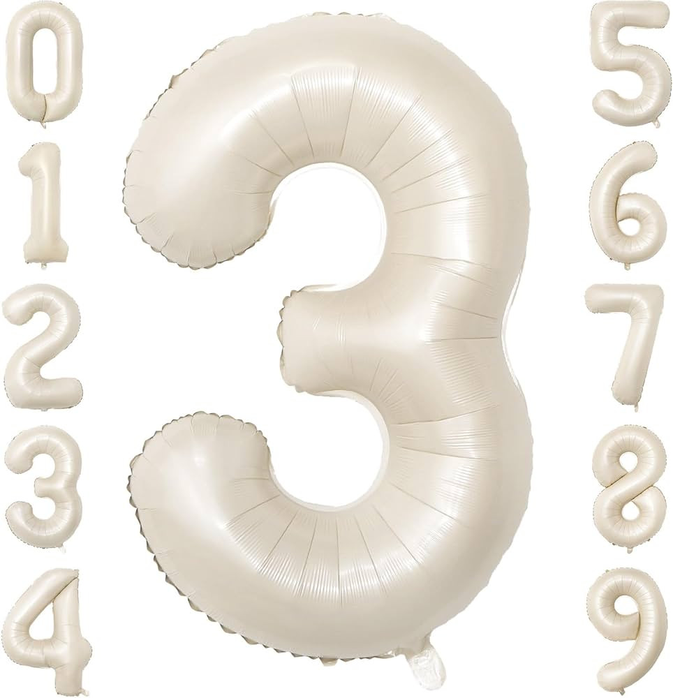 40 Inch Beige Number Balloon 3, Large Cream Number Foil Mylar Balloons for Birthday Party Celebra... | Amazon (US)